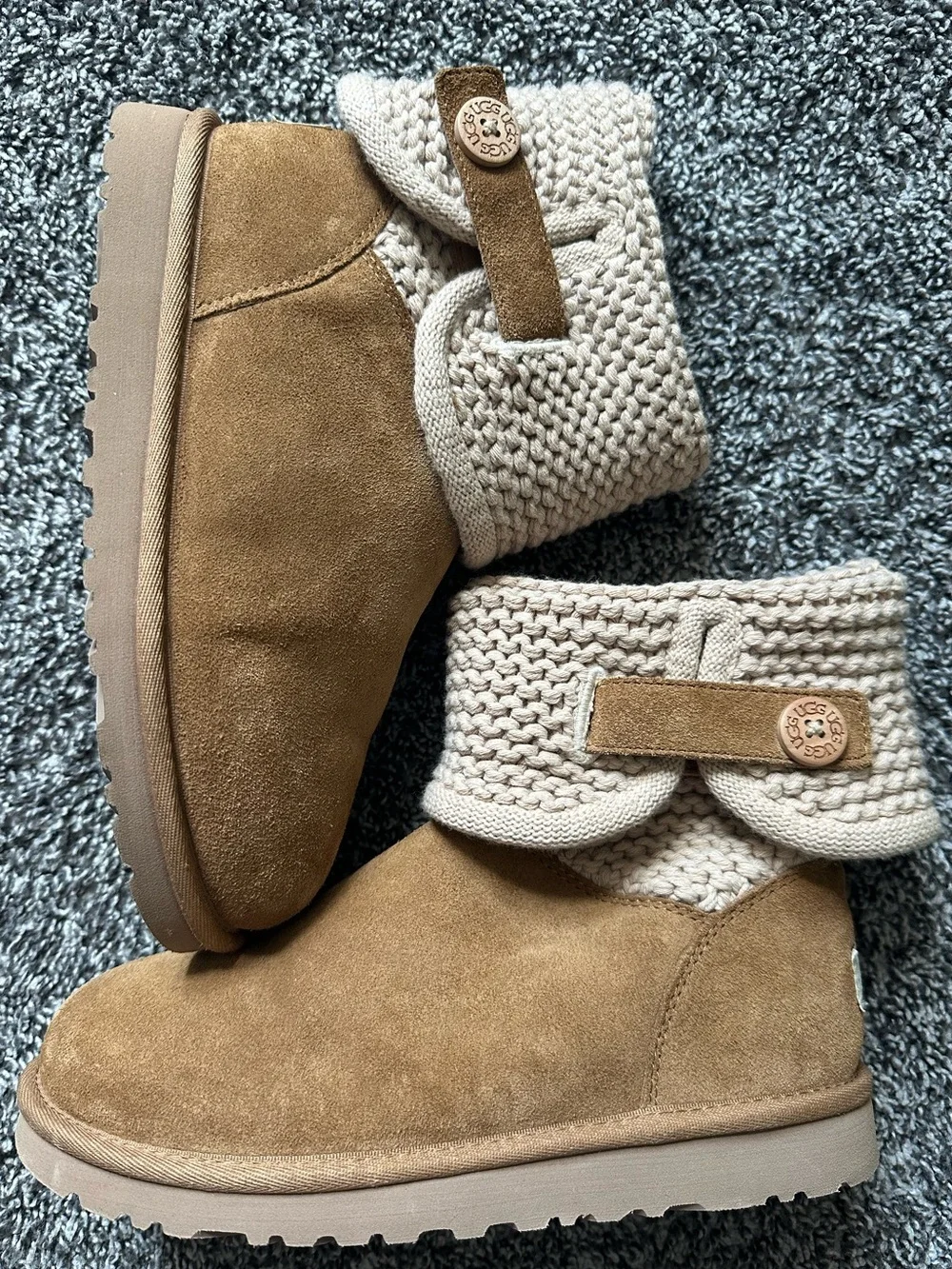 UGG Kids Darrah Chestnut Suede Knit-Cuff Boots Size 4 Youth